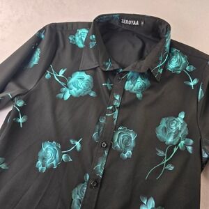 ZEROYAA Mens M Black Teal Metallic Rose Floral‎ Print Button Up Dress Shirt Long